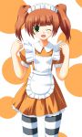  1girl brown_hair green_eyes idolmaster maid odaya odayan one_eye_closed solo striped striped_legwear takatsuki_yayoi thigh-highs twintails 