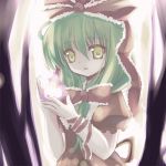  1girl 23 23_(candy_chapus) bangs bow female frills front_ponytail green_hair hair_between_eyes hair_bow hair_over_shoulder hair_ribbon kagiyama_hina long_hair looking_at_viewer lowres puffy_sleeves ribbon short_sleeves solo touhou upper_body wrist_ribbon yellow_eyes 