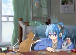  1girl casual cat cirno contemporary digital_media_player female footwear headphones indoors ipod lying magazine pocky sky socks solo touhou 