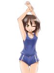  1girl ;d brown_hair buruma green_eyes grin hane_(hanegoya) kusakabe_misao looking_at_viewer lucky_star one_eye_closed open_mouth short_hair shorts simple_background sleeveless smile solo sportswear standing tank_top teeth thigh_gap white_background 