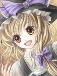  1girl :d bangs black_hat blonde_hair bow buttons collared_shirt dress_shirt dutch_angle eyebrows eyebrows_visible_through_hair female frills hair_bow hat hat_bow kirisame_marisa long_hair open_mouth purple_bow shirt smile solo touhou upper_body witch_hat yellow_eyes yuki_shuuka 