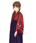  00s 1girl blue_eyes braid brown_eyes brown_hair expressionless floral_print hakama japanese_clothes kimono long_hair looking_at_viewer maria-sama_ga_miteru shimazu_yoshino simple_background solo toshifumi twin_braids twintails white_background wide_sleeves 