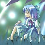  1girl blue_bow blue_dress blue_hair bow cirno dress feet female frills glowing grass hand_on_own_knee kazuhane leaf profile red_bow sitting solo touhou 