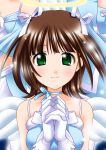  1girl amami_haruka bare_shoulders blush brown_hair closed_mouth collarbone cute_&amp;_girly_(idolmaster) gloves green_eyes hands_clasped idolmaster itsuki_sayaka looking_at_viewer smile solo tareme upper_body white_gloves 