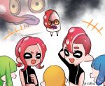  1boy 4girls agent_8 asymmetrical_clothes biting blonde_hair blue_hair green_hair inkling jealous mohawk multiple_girls octarian octoling octotrooper redhead short_hair splatoon splatoon_2 splatoon_2:_octo_expansion tentacle_hair violet_eyes yellow_sclera zoom_layer 
