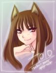  1girl animal_ears bangs blunt_bangs blush character_name closed_mouth eyebrows eyebrows_visible_through_hair holo looking_at_viewer pink_background simple_background smirk solo spice_and_wolf text upper_body wolf_ears 