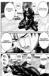  1boy bodysuit close-up comic crying fake_translation food gantz gantz_suit gun hard_translated indoors kei_kurono kneeling kurono_kei lucky_star lying male_focus monochrome oku_hiroya on_floor on_side open_mouth parody photoshop saliva scan short_hair sitting solo tears teeth weapon wooden_floor 