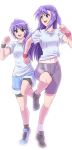  2girls blush g-tetsu ginga_nakajima green_eyes highres long_hair lyrical_nanoha mahou_shoujo_lyrical_nanoha mahou_shoujo_lyrical_nanoha_strikers multiple_girls purple_hair short_hair siblings sisters subaru_nakajima sweat 