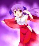  1girl :o armpits detached_sleeves hanyuu higurashi_no_naku_koro_ni horns japanese_clothes kimono long_sleeves looking_at_viewer mei miko nontraditional_miko open_mouth ponytail purple_hair red_eyes red_hakama sleeveless sleeveless_kimono solo subaru_(yachika) wide_sleeves 