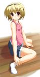  1girl bare_shoulders blonde_hair collared_shirt denim denim_shorts from_side full_body higurashi_no_naku_koro_ni houjou_satoko looking_at_viewer odaya odayan red_eyes shirt short_hair short_shorts shorts sitting sleeveless sleeveless_shirt solo wariza 