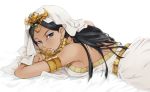  1girl armband bed belt black_hair blue_eyes breasts dark_skin egyptian eyeshadow ishizu_ishtar jewelry long_hair lots_of_jewelry lying makeup necklace sideboob solo yu-gi-oh! yukitsuki_hisa yuu-gi-ou_duel_monsters 