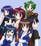  6+girls ahoge angry arms_behind_back ayane_(nagasarete_airantou) back-to-back bear black_hair blue_eyes blue_hair blush breasts brown_hair chikage_(nagasarete_airantou) child cleavage everyone glasses green_eyes green_hair hair_ribbon hand_on_head japanese_clothes jun_(aoerm) kuma_kuma long_hair machi_(nagasarete_airantou) medium_breasts miko multiple_girls nagasarete_airantou no_bra open_mouth ponytail red_eyes redhead ribbon rin_(nagasarete_airantou) short_hair short_twintails siblings sisters smile spiky_hair suzu_(nagasarete_airantou) touhouin_ikuto twintails very_long_hair yukino_(nagasarete_airantou) 