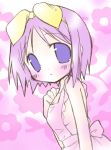  1girl apron blue_eyes blush bow breasts hair_bow hiiragi_tsukasa looking_at_viewer lowres lucky_star purple_hair short_hair shudou_rima sideboob small_breasts solo tareme upper_body 