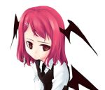  1girl alternate_hairstyle bat_wings black_necktie expressionless female hair_ornament hairclip head_wings koakuma looking_at_viewer lowres necktie red_eyes redhead sakuraba_yuuki short_hair simple_background solo the_embodiment_of_scarlet_devil touhou upper_body vest white_background wings 