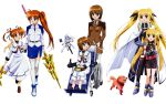  6+girls ahoge arf asymmetrical_legwear belt blonde_hair blue_hair book book_of_the_azure_sky brown_hair cape coat dog fate_testarossa ferret fingerless_gloves gauntlets gloves hair_ornament highres lyrical_nanoha magazine_(weapon) magical_girl mahou_shoujo_lyrical_nanoha mahou_shoujo_lyrical_nanoha_strikers military military_uniform minigirl multiple_girls okuda_yasuhiro pantyhose raising_heart redhead reinforce_zwei side_ponytail single_thighhigh takamachi_nanoha thigh-highs time_paradox tome_of_the_night_sky uniform waist_cape wallpaper wheelchair x_hair_ornament yagami_hayate yuuno_scrya 