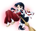  1girl black_hair broom hair_ribbon hakama japanese_clothes long_hair machi_(nagasarete_airantou) miko nagasarete_airantou red_eyes red_hakama ribbon solo very_long_hair 