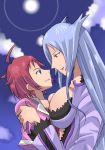  2girls :d ahoge blue_sky breasts cleavage day dragonaut from_side holding huge_breasts large_breasts long_hair long_sleeves machina multiple_girls open_mouth outdoors profile redhead short_hair silver_hair sky smile souya_akira sun sunlight upper_body very_long_hair 