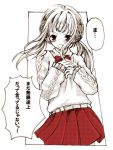 1girl monochrome original pleated_skirt red school_uniform serafuku skirt solo spot_color sweater 