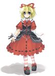  1girl black_shoes blonde_hair blue_eyes female full_body hair_ribbon looking_at_viewer medicine_melancholy puffy_short_sleeves puffy_sleeves red_ribbon red_skirt ribbon shoes short_hair short_sleeves simple_background skirt solo standing striped striped_legwear touhou white_background wrist_cuffs 