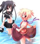  2girls back black_hair blonde_hair blush bracelet choker crop_top flat_chest fur gloves hair_ribbon jewelry kazekawa_nagi kooh lola lola_(pangya) long_hair looking_back multiple_girls navel pangya pink_eyes ribbon sarashi short_hair skirt skirt_lift tagme twintails wading water wet 