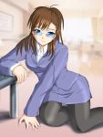  1girl black_legwear blue_eyes brown_hair c-wing formal glasses office_lady pantyhose pencil_skirt skirt skirt_suit solo suit 