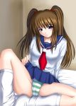  blue_eyes brown_hair c-wing footwear panties school_uniform serafuku socks spread_legs twintails underwear 