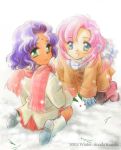  2girls 90s himemiya_anthy lowres multiple_girls scarf shinoda_masaki shoujo_kakumei_utena snow snow_bunny snowing tenjou_utena younger 