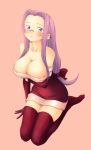  1girl blush bow breast_hold breasts cleavage fate/stay_night fate_(series) glasses hamao huge_breasts long_hair low-tied_long_hair lowres purple_hair rider roku thigh-highs tied_hair violet_eyes 
