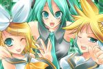  1boy 2girls :d ;d aqua_hair armpits bangs bare_shoulders blonde_hair blue_eyes blush brother_and_sister detached_sleeves hair_between_eyes hair_ornament hairclip hatsune_miku hug kagamine_len kagamine_rin long_hair long_sleeves looking_at_viewer maki_(seventh_heaven_maxion) multiple_girls one_eye_closed open_mouth short_hair siblings smile swept_bangs twins twintails upper_body very_long_hair vocaloid 