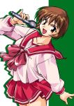  1girl :d brown_eyes brown_hair collarbone long_sleeves manabe_jouji microphone music nagaoka_shiho open_mouth pleated_skirt red_skirt sailor_collar school_uniform serafuku shirt simple_background singing skirt smile solo to_heart two-tone_background white_shirt 