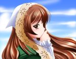  00s 1girl blue_sky blush brown_eyes brown_hair covering_mouth day from_side long_hair looking_at_viewer looking_to_the_side namamo_nanase rozen_maiden sky solo suiseiseki upper_body very_long_hair 