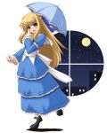  1girl :d blonde_hair blue_eyes blush dress full_moon kokorono_arika long_hair mary_janes moon night open_mouth original shoes sky smile solo star_(sky) starry_sky umbrella window 