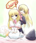  2girls artist_request blonde_hair capelet closed_eyes dual_persona english female furball hair_ribbon hat hat_removed headwear_removed kedama kneeling lily_black lily_white long_hair multiple_girls one_eye_closed ribbon touhou violet_eyes wink 