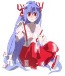  1girl blue_hair bow female fujiwara_no_mokou hair_bow hair_ribbon kazune_(baumkuchen) long_hair long_sleeves looking_at_viewer mokeo pants red_eyes ribbon shirt shoes simple_background sitting solo suspenders touhou tress_ribbon very_long_hair white_background white_shirt 