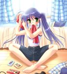  barefoot blue_hair green_eyes hairdressing long_hair mouth_hold spread_legs tank_top twintails 