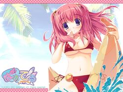  banana_boat bikini blue_eyes breasts highres himemiya_arisu huge_breasts large_breasts pastel pink_hair side-tie_bikini swimsuit twintails wallpaper yuki_usagi 