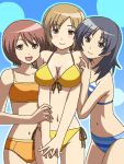  3girls atsuko awa bikini black_hair blonde_hair brown_eyes brown_hair cute daume kodansha lowres maki_(minami-ke) minami-ke minami_haruka multiple_girls navel oekaki striped_bikini swimsuit yellow_bikini 