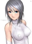  1girl apple_inc. bare_shoulders blue_eyes breasts digital_media_player elbow_gloves gloves halterneck impossible_clothes impossible_shirt ipod personification ryu_(ryu&#039;s_former_site) shirt silver_hair simple_background solo 