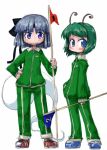  2girls antennae blue_eyes bow clothes_writing female flag green_eyes hair_bow konpaku_youmu konpaku_youmu_(ghost) multiple_girls silver_hair tao tao_(kadoya) touhou track_suit wriggle_nightbug 