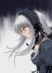  00s 1girl black_dress breasts cleavage dress duplicate frills from_side hairband juliet_sleeves lolita_hairband long_hair long_sleeves pink_eyes profile puffy_sleeves rozen_maiden silver_hair solo suigintou tears upper_body 