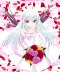  00s 1girl bare_shoulders black_wings bouquet collarbone dress elbow_gloves flower gloves hair_ribbon hairband light_smile long_hair looking_at_viewer namamo_nanase petals pink_eyes ribbon rozen_maiden sleeveless sleeveless_dress solo suigintou very_long_hair white_hair wings 