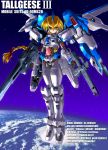  1girl 90s beam_rifle blonde_hair braid earth energy_gun green_eyes gun gundam gundam_wing gundam_wing_endless_waltz long_hair mecha mecha_musume single_braid solo space tallgeese tallgeese_iii weapon 