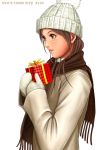  1girl beanie brown_eyes brown_hair from_side gift hat holding holding_gift jacket long_hair mittens ryu_(ryu&#039;s_former_site) scarf simple_background solo upper_body white_background 