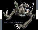  1girl :o armor armored_boots black_background blue_hair bodysuit boots busou_shinki falling full_body long_hair machinery mecha_musume open_mouth pointy_ears sabamu silver_hair simple_background solo strarf thigh-highs thigh_boots twintails wallpaper 