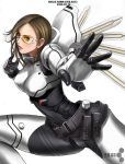  1girl armor belt belt_pouch bodysuit breasts brown_hair fighting_stance glasses hands large_breasts lipstick makeup outstretched_hand p.n.03 pn03 ryu_(ryu&#039;s_former_site) short_hair simple_background skin_tight smile solo spread_legs sunglasses thighs vanessa_schneider vanessa_z_schneider wings 