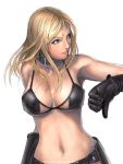  1girl bare_shoulders bikini bikini_top black_bikini black_gloves blonde_hair blue_eyes breasts chaps choker cleavage collar dixie_clemets female gloves large_breasts leather lipstick long_hair looking_away looking_to_the_side makeup micro_bikini midriff navel rumble_roses ryu_(ryu&#039;s_former_site) sgt._clemets simple_background smile solo swimsuit thumbs_down under_boob upper_body white_background 