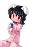  1girl black_hair curly_hair dress drinking drinking_straw female inaba_tewi looking_at_viewer milk pink_dress puffy_short_sleeves puffy_sleeves red_eyes short_hair short_sleeves simple_background solo tao tao_(kadoya) touhou white_background 