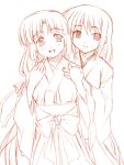  2girls japanese_clothes kariga miko monochrome multiple_girls orange_(color) original sketch 