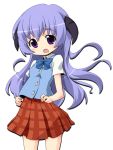  1girl :d aikei blue_bow blue_bowtie bow bowtie buttons hanyuu higurashi_no_naku_koro_ni lavender_hair long_hair looking_at_viewer open_mouth plaid plaid_skirt pleated_skirt red_skirt school_uniform serafuku short_sleeves simple_background skirt smile solo violet_eyes white_background 
