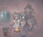  6+girls animal_ears antennae blonde_hair bow campfire cat_ears cave chen cirno daiyousei dress earrings fairy_wings female fire hair_bow hat jewelry multiple_girls mystia_lorelei open_mouth red_eyes rumia sitting team_9 touhou wings wriggle_nightbug youkai 